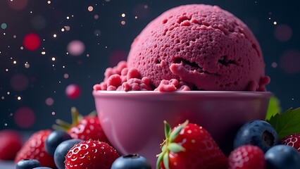 ice cream with fruits. burgundy ice cream, strawberries, blueberries and blackberries flying in the universe