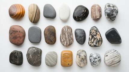 Assortment of stones displayed on a white surface, viewed from above.