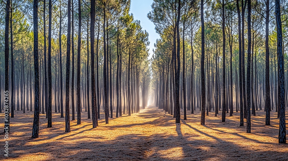 Poster sun rays illuminate a path through a dense pine forest with mist and long shadows.