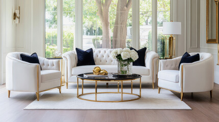 Fototapeta premium Elegant luxury living room with white furniture and natural light featuring stylish decor and a welcoming atmosphere