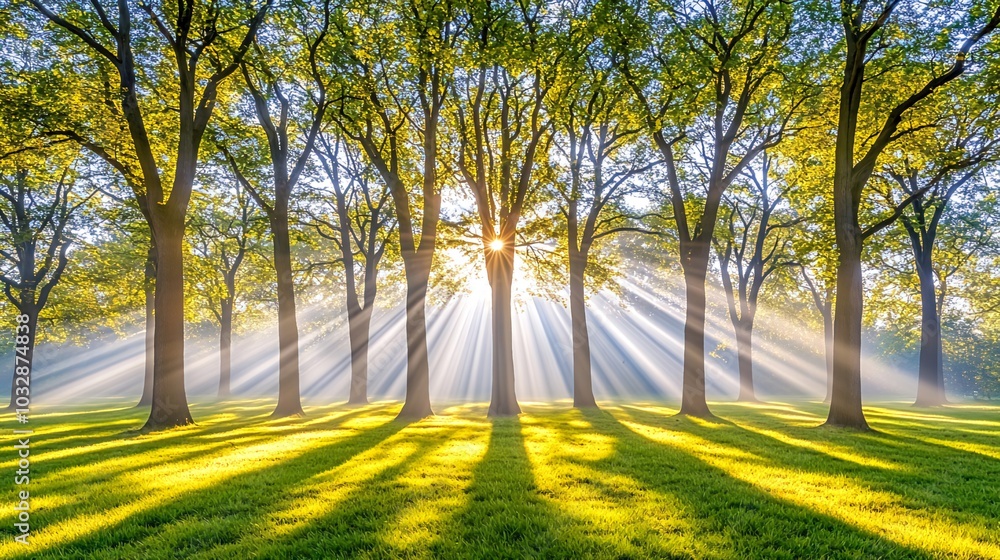 Poster sun rays shining through trees in a misty forest.