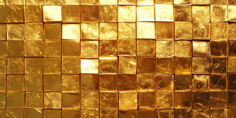 Background texture of gold yellow mosaic tiles background. Golden small square shape tiles each reflecting light differently to create a unique pattern.