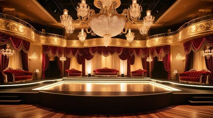 ゴールドを基調としたエレガントな空間、ステージ。