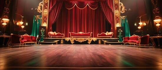 ゴージャスな赤色をメインとしたステージ。金色装飾とベロア素材でより豪華に。