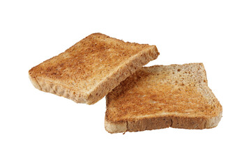 Toasted cutting slices of whole grain wheat bread isolated on white background. Toast bread pieces.