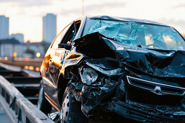 damaged vehicle being recovered from bridge accident