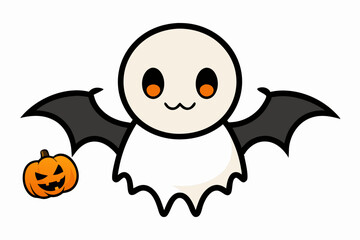 cute hand drawn cartoon character ghost with bat wings and pumpkin funny vector halloween illustration isolated on white background
