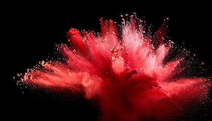 An explosion of red powder on a black background; an abstract red powder exploding; the motion of red powder against a black background with studio lighting; motion photography