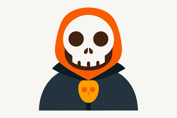 human skull with pumpkin face wearing halloween costume illustration on white background.
