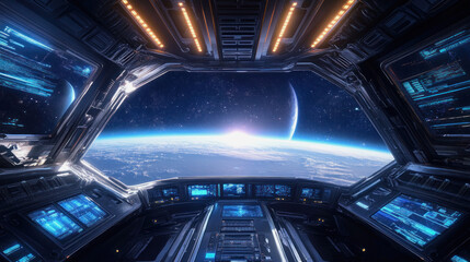 Obraz premium Exploring the vast universe from a futuristic spaceship interior with sleek design and advanced technology, witnessing Earth's beauty at dawn