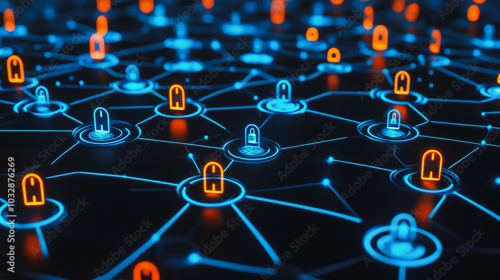 Wall mural abstract innovative cyber security network, using interconnected nodes to represent business partner