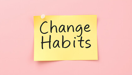 Paper note with phrase Change Habits on color background, top view isolated with white highlights, png