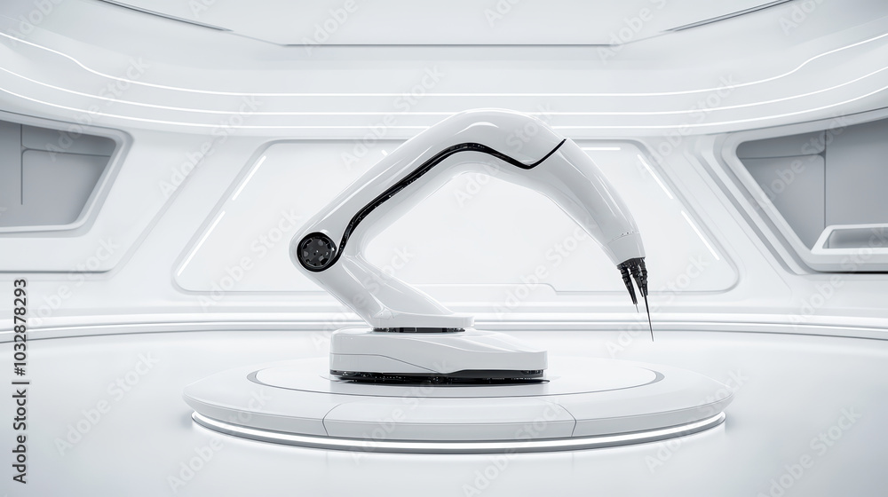 Poster a sleek robotic arm displayed on a circular platform in a modern, minimalistic environment.