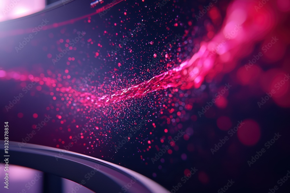 Poster abstract pink particles flowing across a dark background creating a vibrant digital effect.