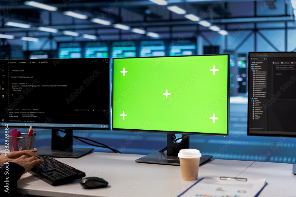 Poster green screen computers in data center facility managing rackmounts energy consumption. mockup pc mon