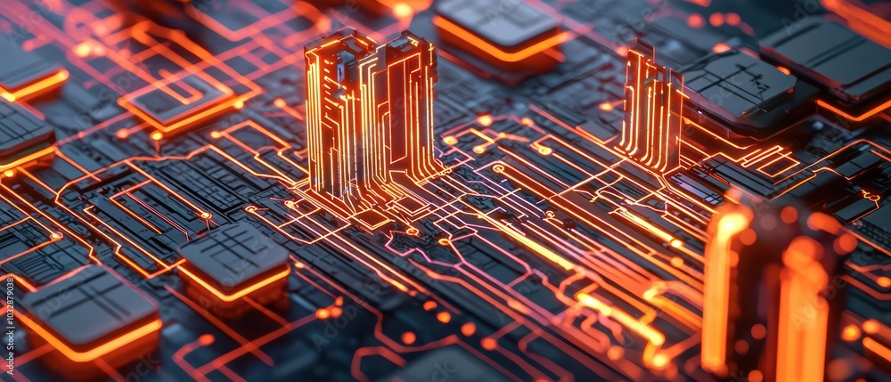 Poster close-up view of a futuristic circuit board with glowing elements and intricate details.