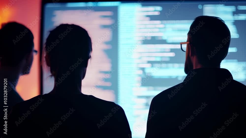 Poster Three software developers work intensely on code in a dim office, showcasing their expertise in programming and web development