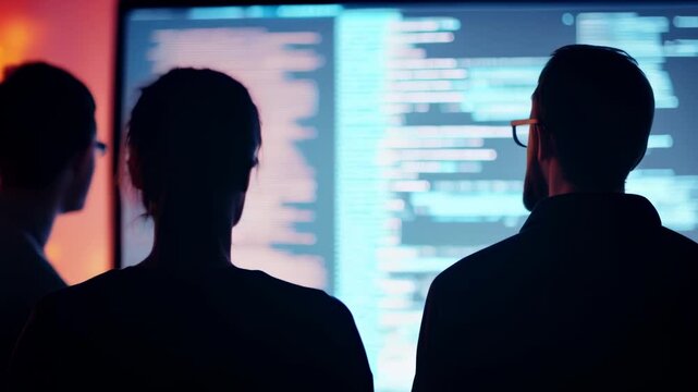 Three software developers work intensely on code in a dim office, showcasing their expertise in programming and web development