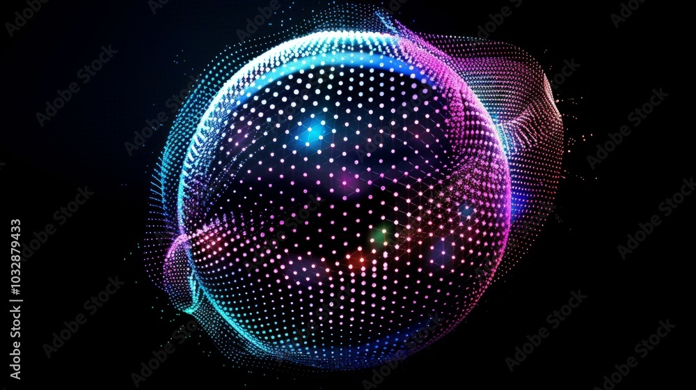 Wall mural abstract digital sphere with vibrant neon lights and dynamic particles on dark background for techno