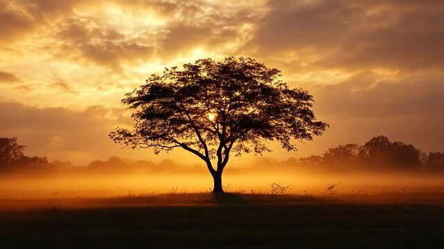A single tree stands tall against a vibrant sunset, silhouetted against the hazy, golden sky