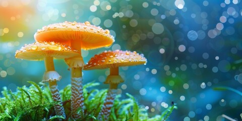 Three vibrant orange mushrooms covered in moisture sprouting from lush green moss, illuminated by soft sunlight, nestled in enchanting forest ambiance, perfect for fall gathering season.