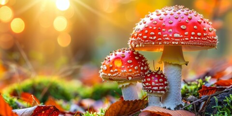 Obraz premium Vibrant red mushrooms with white spots emerge from lush green moss, illuminated by soft sunlight filtering through colorful autumn leaves, showcasing nature's beauty during fall gathering season.