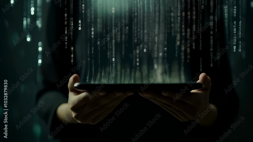 Poster Programmer is holding a tablet with binary code falling from the top of the image, suggesting data processing and analysis