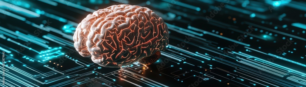 Poster futuristic brain on a digital circuit background, symbolizing artificial intelligence and neuroscien