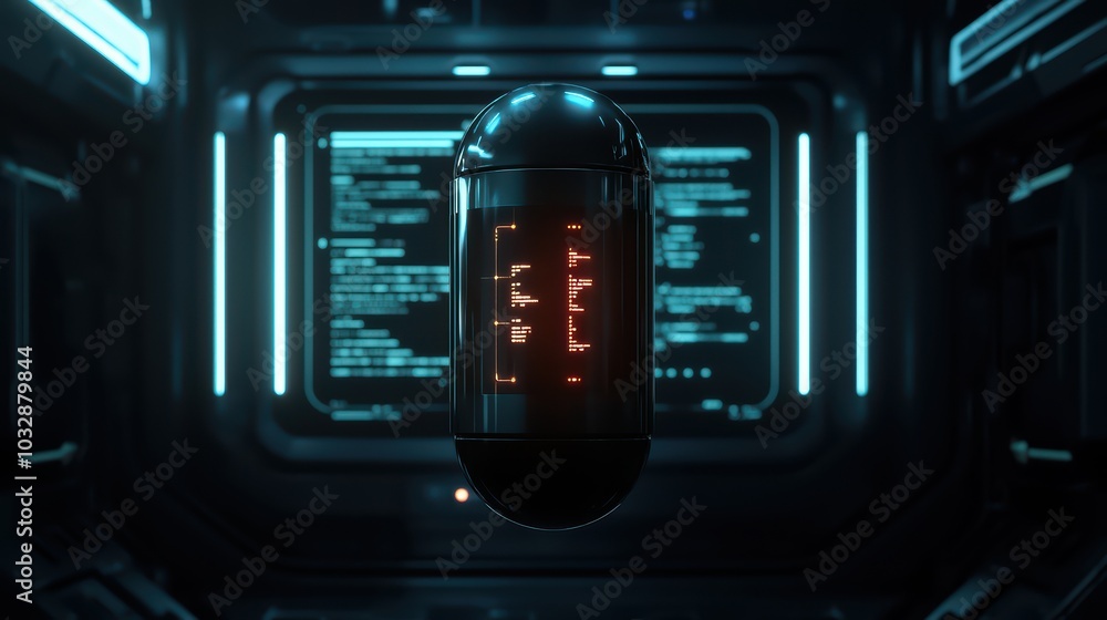 Poster futuristic capsule hovering in a high-tech environment with glowing interfaces and screens.
