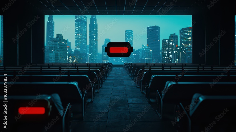 Poster futuristic cityscape with empty waiting area and battery indicator, showcasing advanced architecture