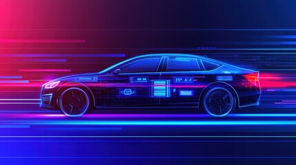 Futuristic car design with neon lights and digital elements, showcasing technology and speed.