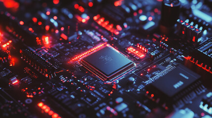 Fototapeta premium Microchip for spaceships. Production of rockets and ships. Computer CPU and memory chips. Electronic circuit, microcircuit board. Machine learning.