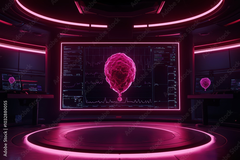 Poster Futuristic interface displaying a glowing brain in a high-tech lab setting with neon lights.