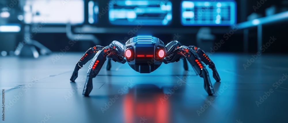 Poster futuristic robotic spider with glowing features in a high-tech environment.