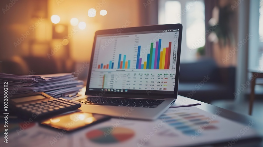 Poster a spreadsheet with colorful graphs open on a modern laptop, next to a stack of accounting papers and
