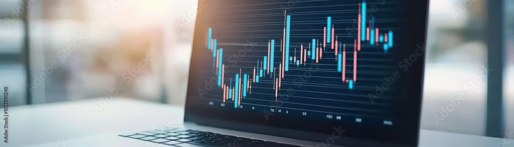 Poster laptop displaying financial data with charts on screen, modern workspace setting.
