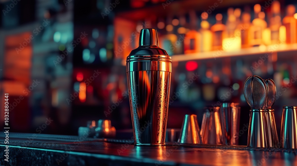 Poster A vibrant cocktail shaker placed on a bar counter with various cocktail-making tools like a strainer and muddler in the background. Subtle lighting from behind adds depth