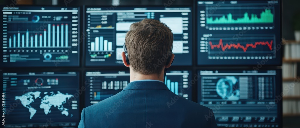 Poster professional individual analyzing data on multiple screens with graphs and charts in a modern office