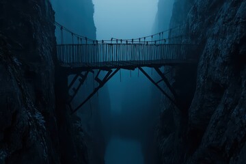 Mysterious foggy canyon with a wooden bridge spanning the chasm, creating an eerie yet captivating scene.