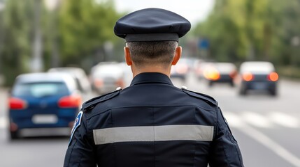 Police officer monitors traffic on busy city street, focused on ensuring safety and law enforcement.