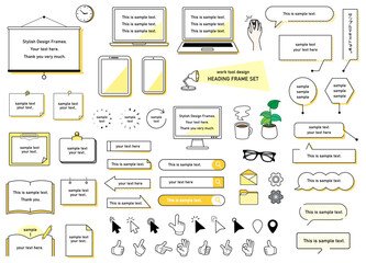 パソコン　タブット　スマートフォン　メモ帳　ファイル　吹き出し  黄色　オフィスのインテリアのフレームセット	