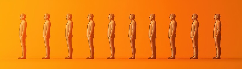 Obraz premium Silhouette figures in a line against a vibrant orange background, symbolizing progress and teamwork.