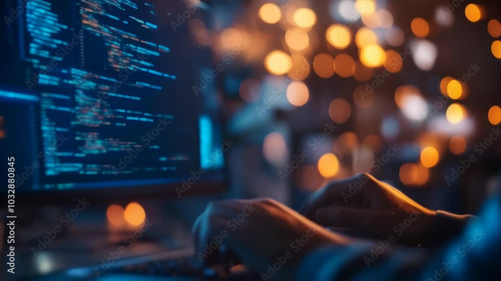 Aufkleber Coder works late in a dimly lit office, typing lines of code on a computer screen, showcasing focus, creativity, and innovation