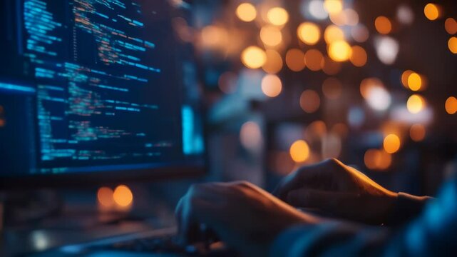 Coder works late in a dimly lit office, typing lines of code on a computer screen, showcasing focus, creativity, and innovation