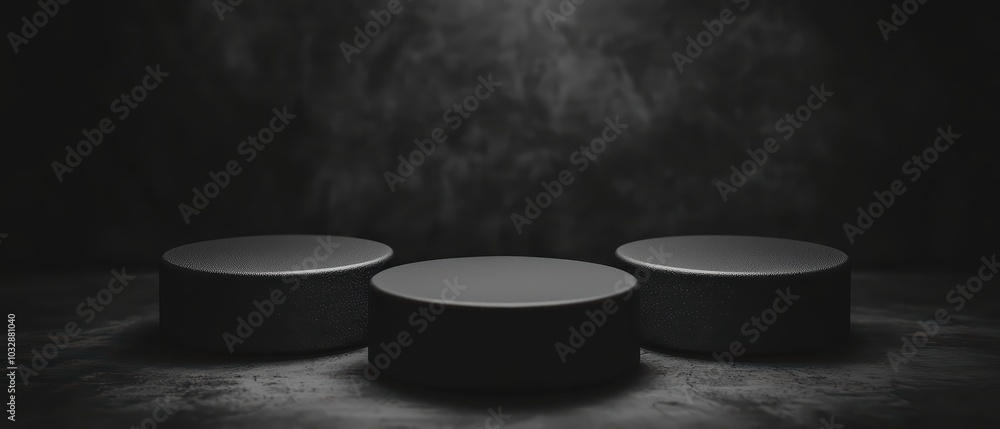 Poster three black circular podiums on a dark textured background, creating a mysterious and elegant atmosp