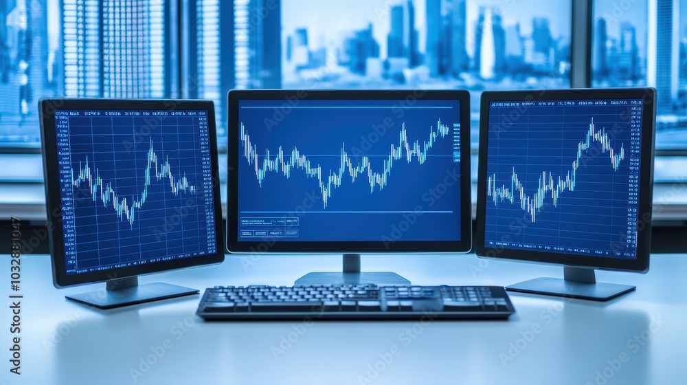 Poster three computer monitors displaying financial graphs in an office setting with a city view in the bac