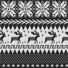 Black & White retro winter holiday knit Vector Pattern. Timeless fair isle knitting texture with reindeer and folk motifs in black and white seamless pattern.