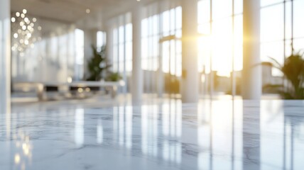 Fototapeta premium office space featuring a sunlit marble surface and elegant crystal accents， showcases large windows and a white wall