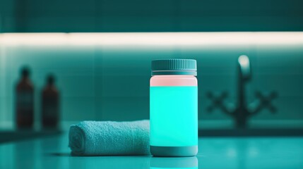 Vibrant glowing beverage bottle with a towel, illuminated by soft ambient light in a modern kitchen.