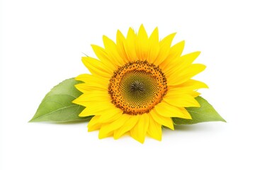 Obraz premium Vibrant sunflower with green leaves on a white background, showcasing its beauty and brightness.